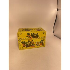 Vintage Metal Tin Recipe Box Yellow Garden Needlepoint Design SYNDICATE USA
